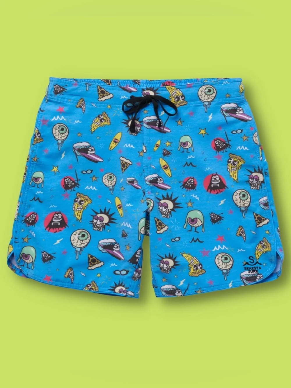 Seaesta Surf x The Aquabats Boardshorts Men 34 Super Cyan Blue Swim Trunks 7”
